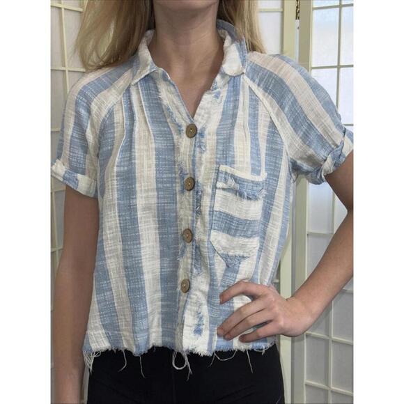 We The Free Tops - We the Free Classic Boho‎ Beach Gauze Cropped Fringe Striped Button Blouse Small
